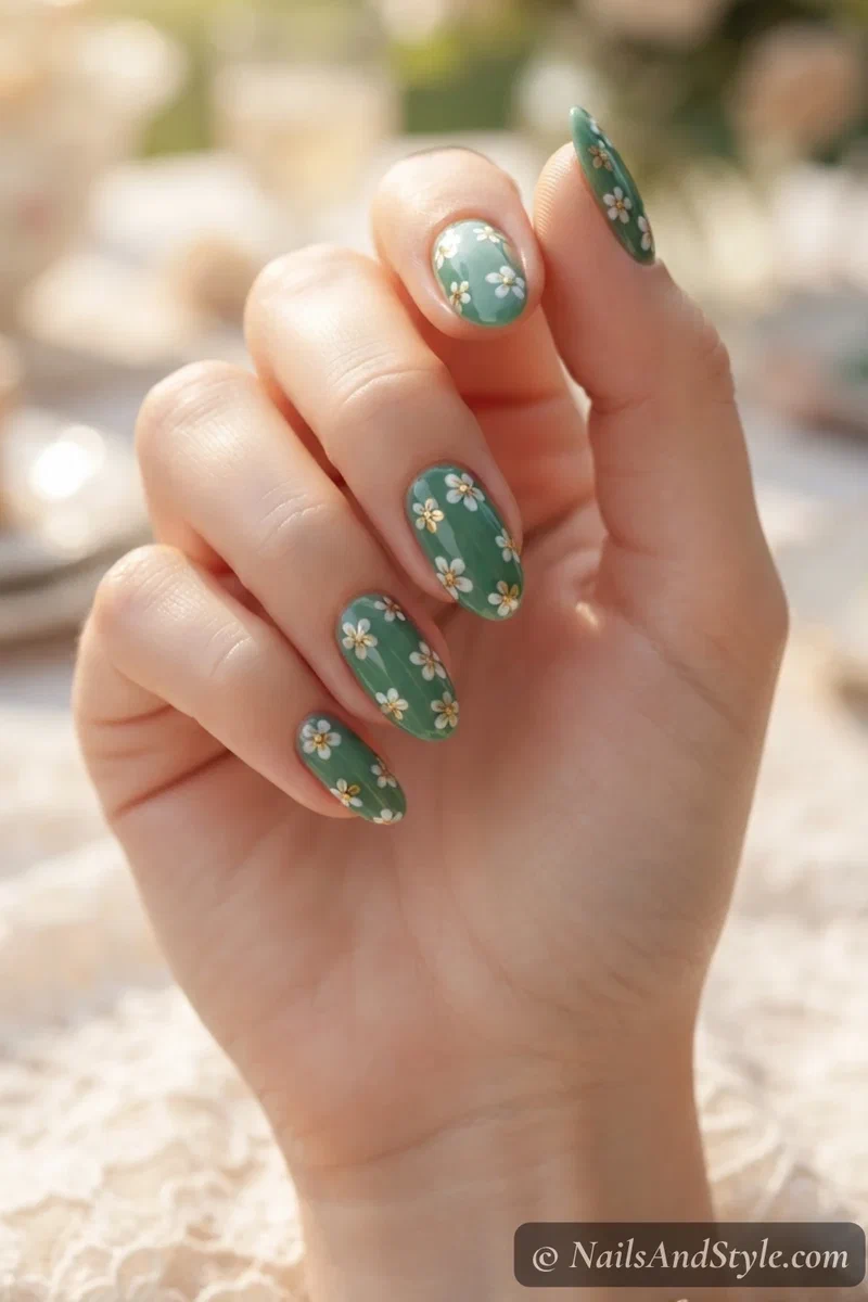 Jade green nails with white and gold flowers