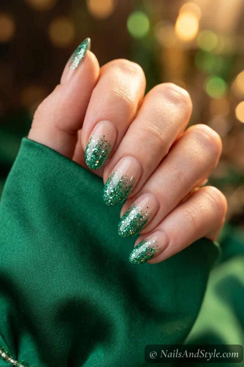 Nails with jade green glitter tips