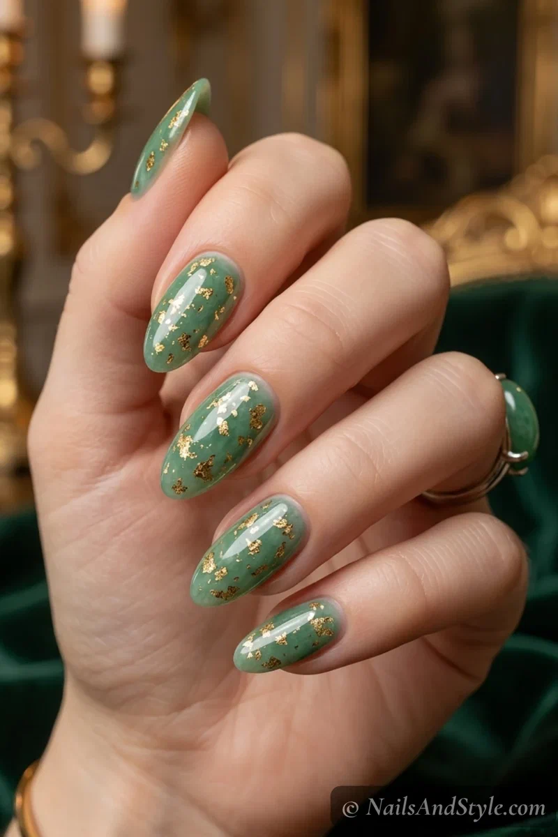 Jade green nails with gold foil flakes