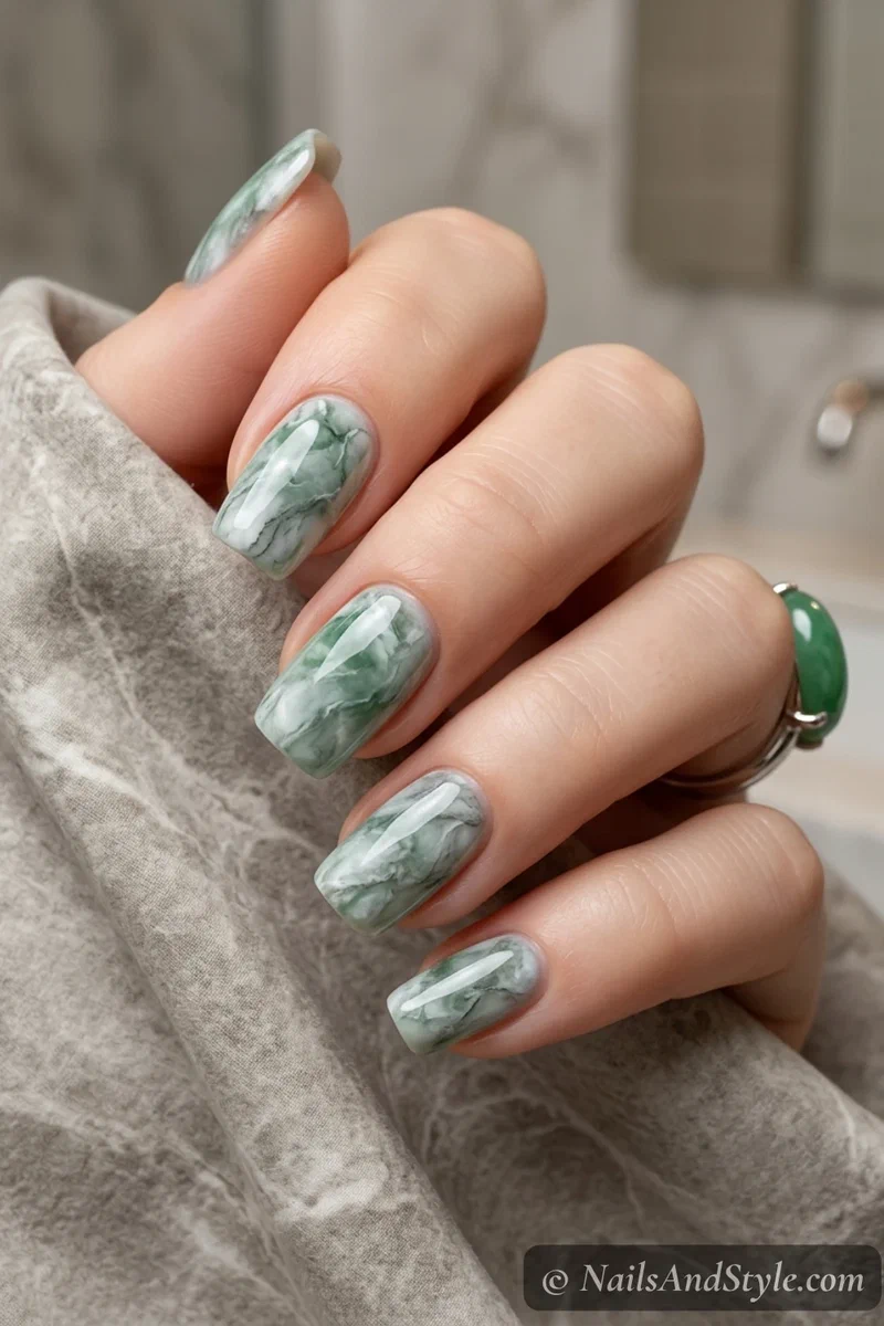 Jade green and white marble nails