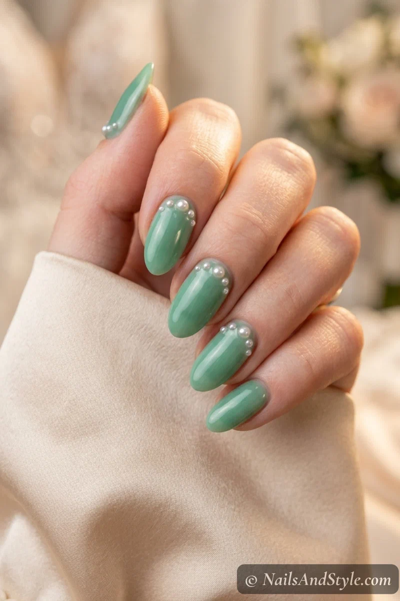 Milky jade nails with tiny pearl studs