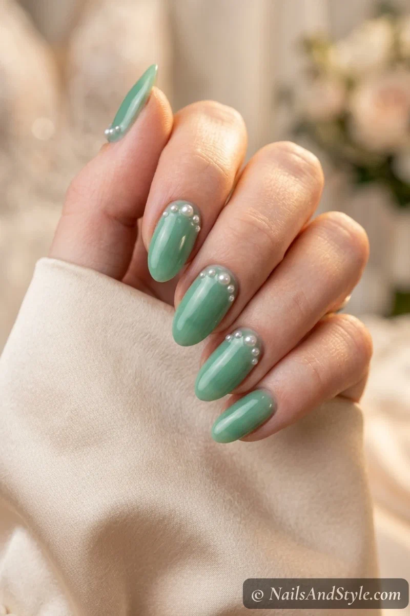 Milky jade nails with tiny pearl studs