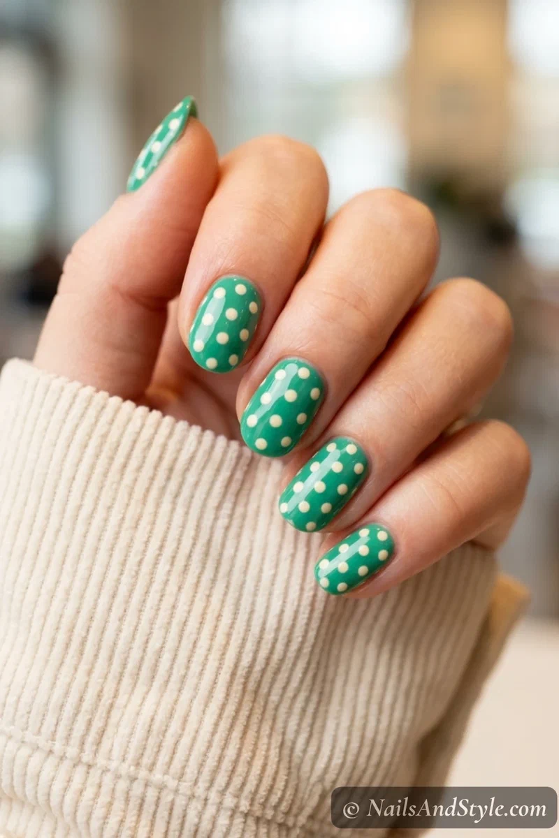 Jade green nails with cream polka dots
