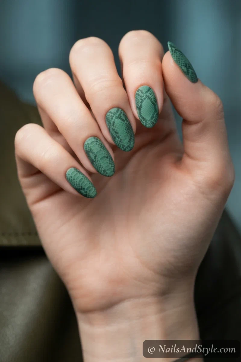 Jade green nails with snakeskin print