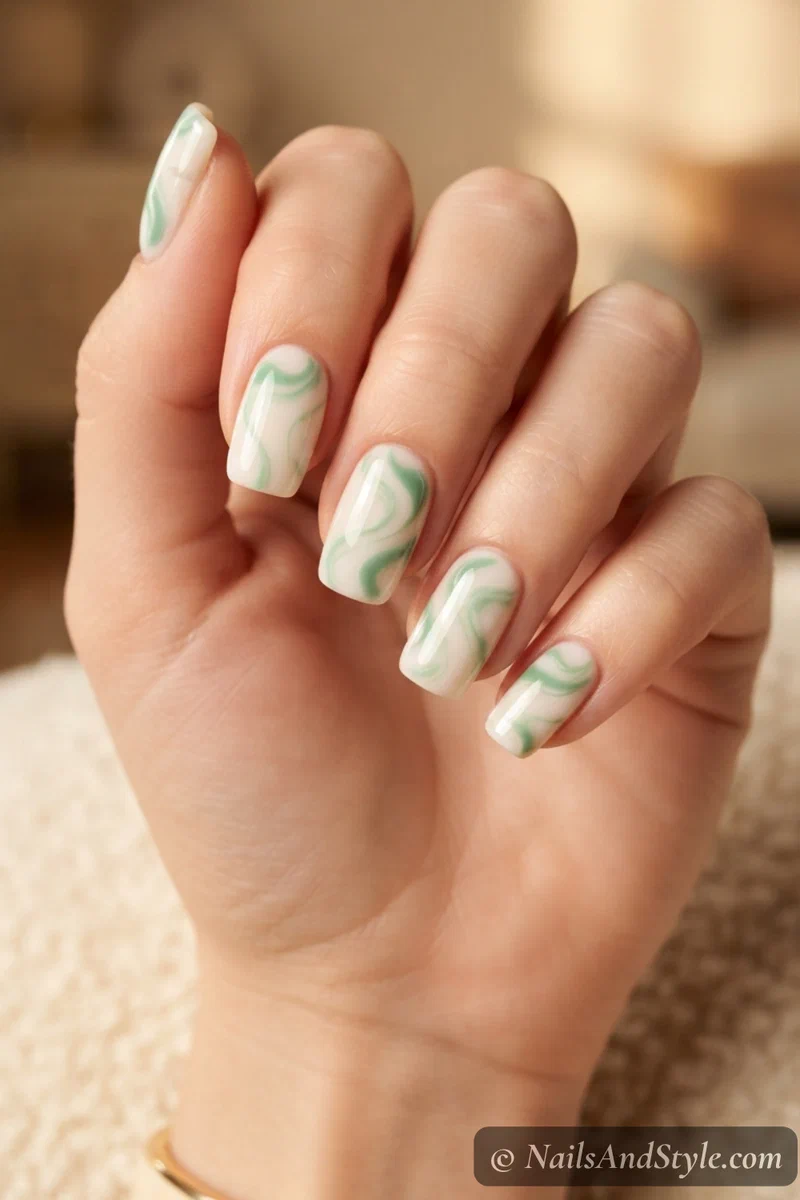 Cream nails with jade green swirl patterns