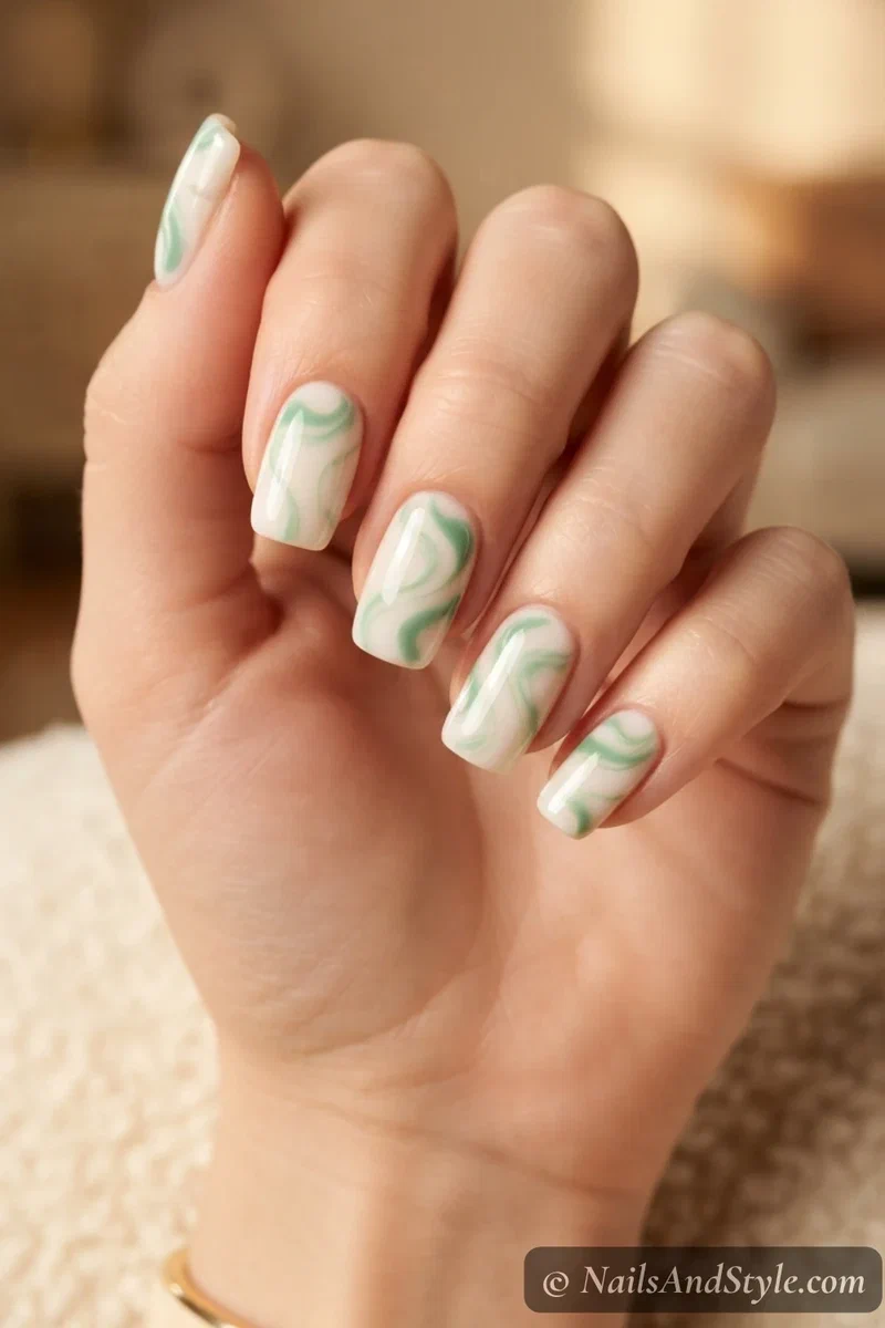 Cream nails with jade green swirl patterns