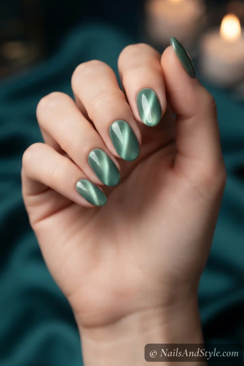 Jade green velvet cat eye magnetic nails