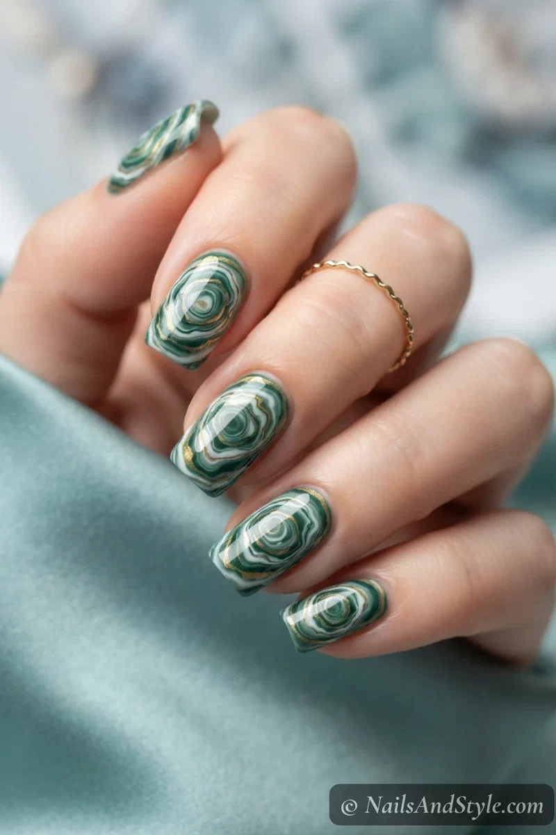 Jade green water marble nails