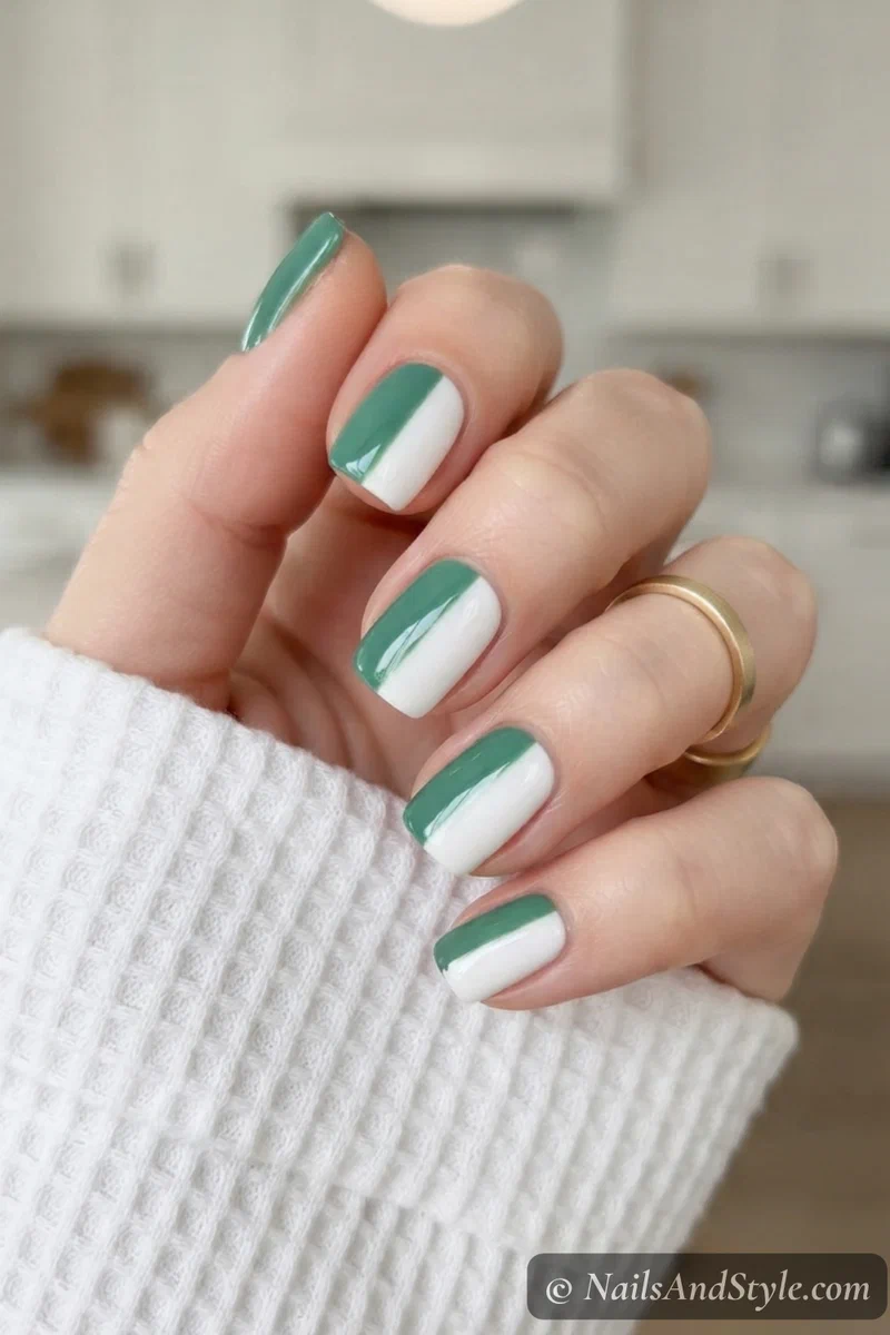 Jade green and white color block nails