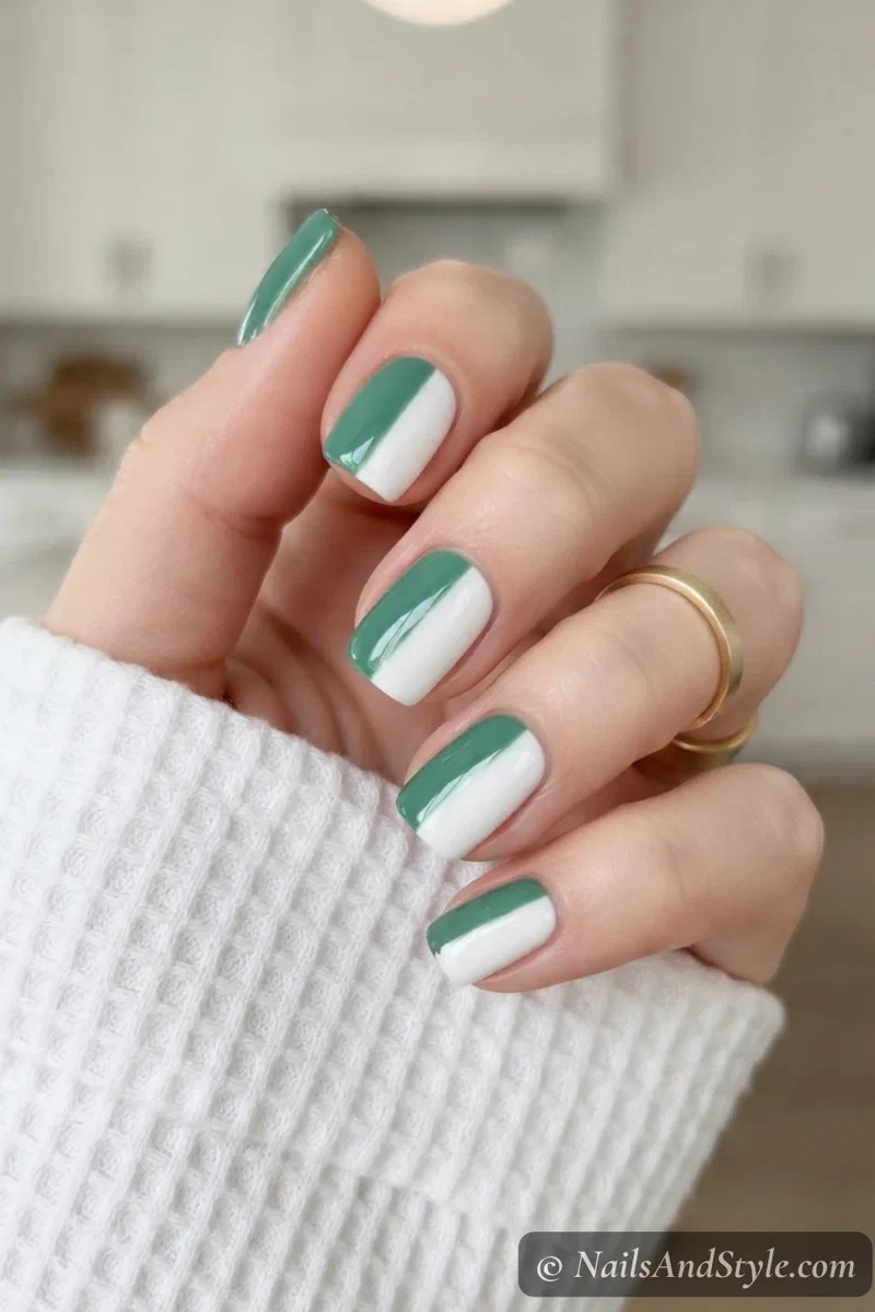 Jade green and white color block nails
