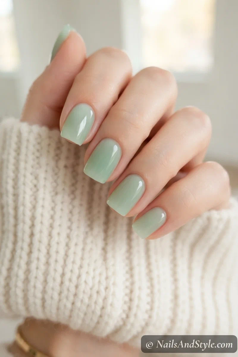 Sheer milky jade green nails