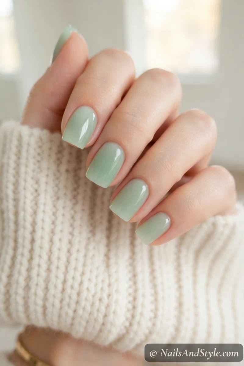 Sheer milky jade green nails