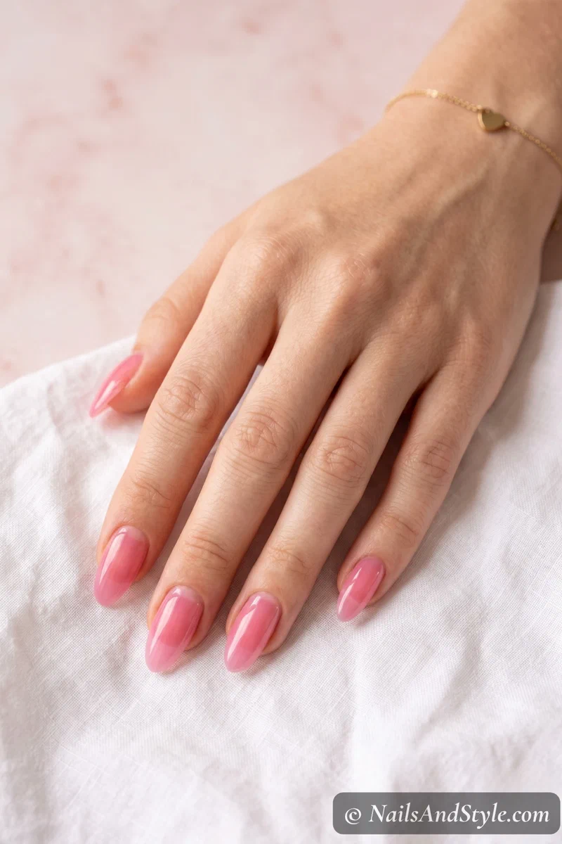 Classic pink jelly nails with sheer bubblegum finish on medium almond nails