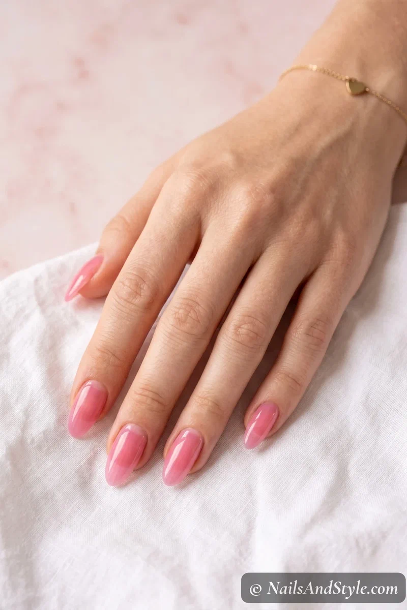 Classic pink jelly nails with sheer bubblegum finish on medium almond nails