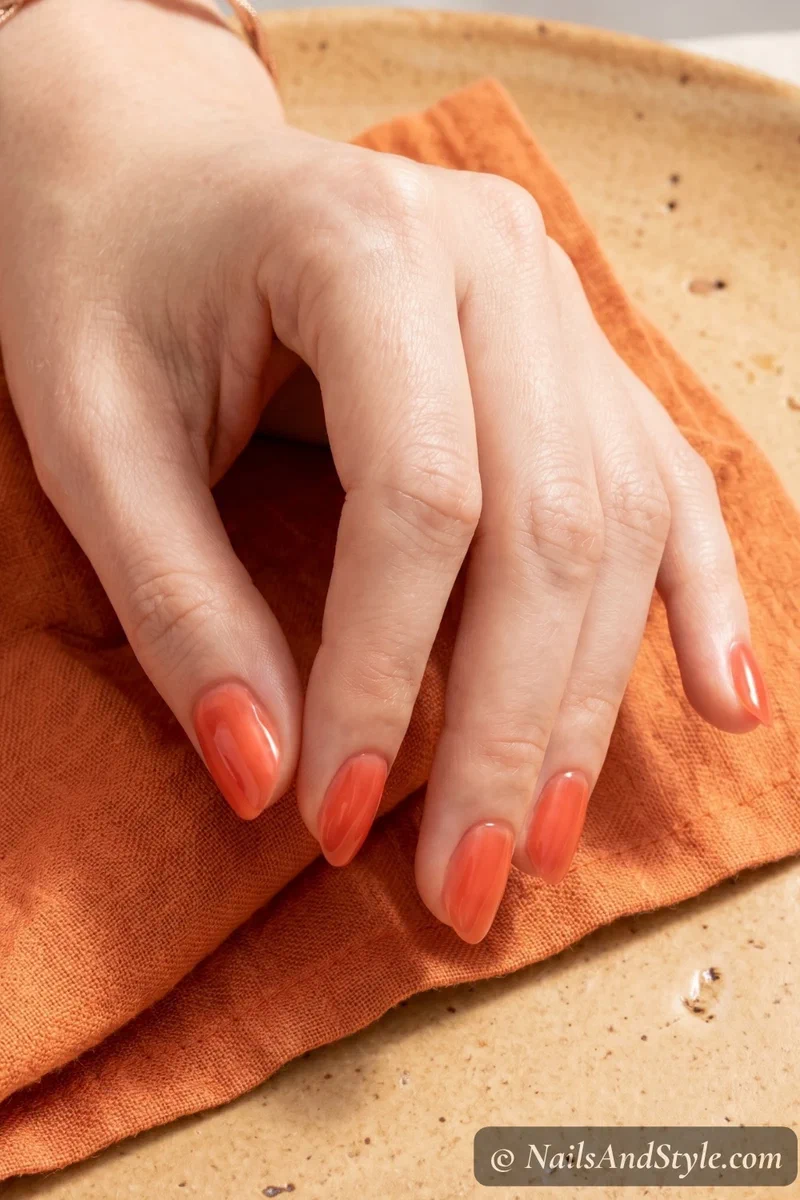 Coral reef jelly nails with warm sheer coral finish on short almond nails