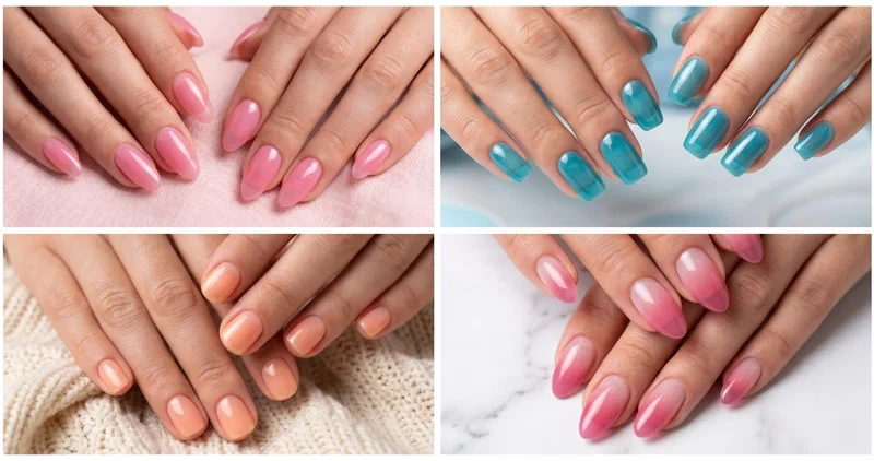 Collage of four jelly nail designs including pink jelly, blue lagoon jelly, peach jelly glow, and jelly ombre fade