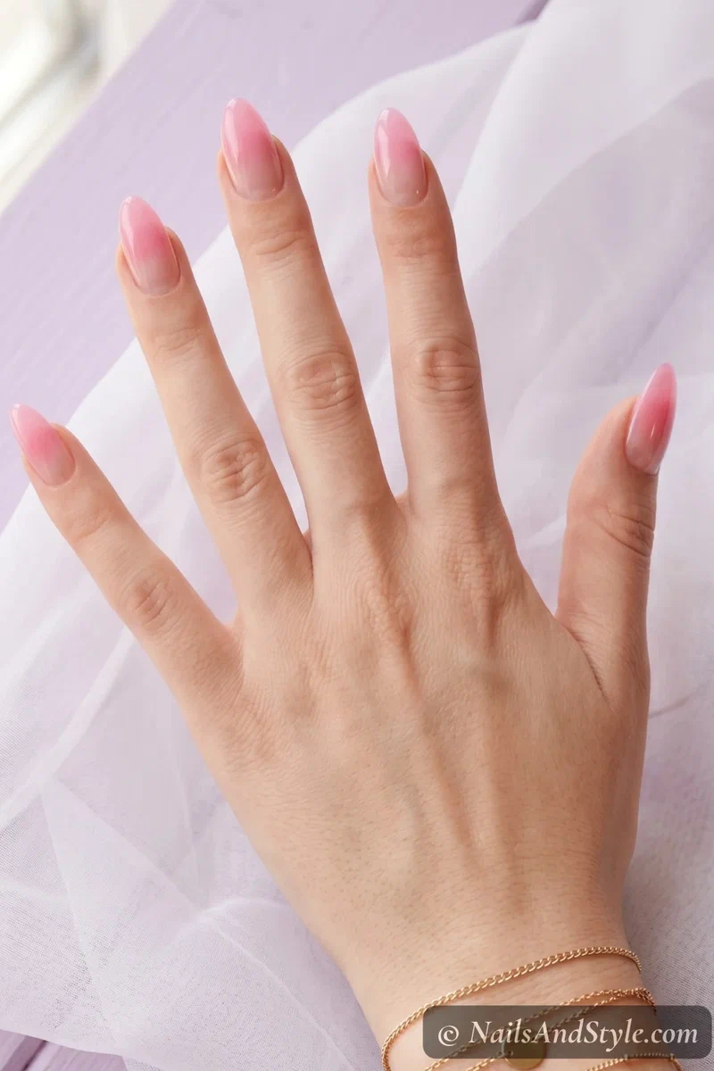 Jelly ombre fade nails with pink sheer gradient from tips to clear base