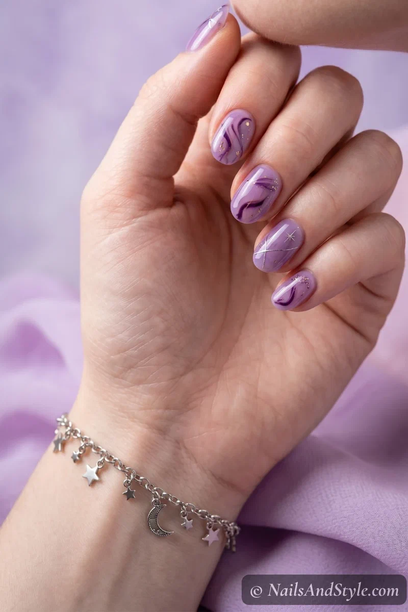 Lavender jelly nails with soft purple sheer finish on short almond nails
