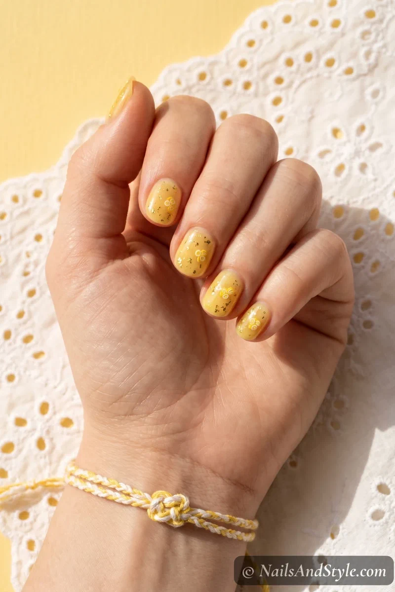 Sheer yellow lemon drop jelly nails on short round nails