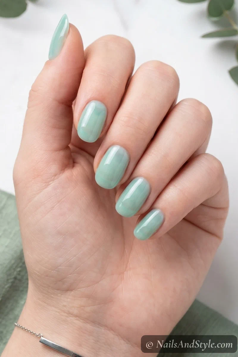 Mint green jelly nails with cool sheer seafoam finish on medium round nails