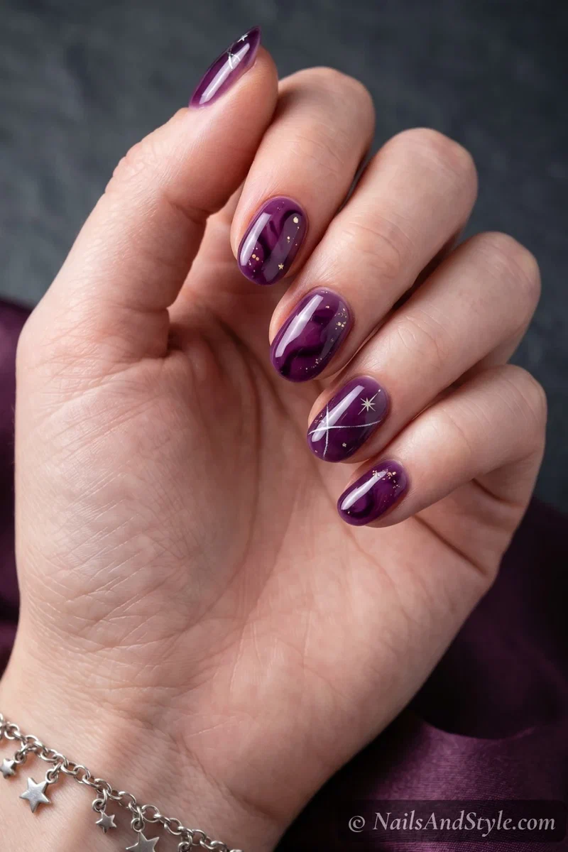 Purple grape jelly nails with stained glass sheer finish on medium round nails