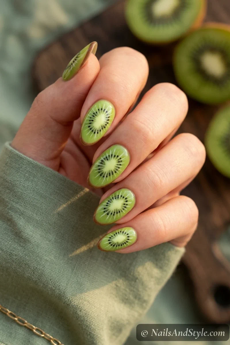 Classic kiwi slice nails with green flesh pale center ring of black seeds and thin brown rim on medium almond nails