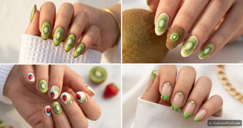 Collage of kiwi nail designs including classic kiwi slices, whole kiwi and slice, kiwi and strawberry, and kiwi French tips