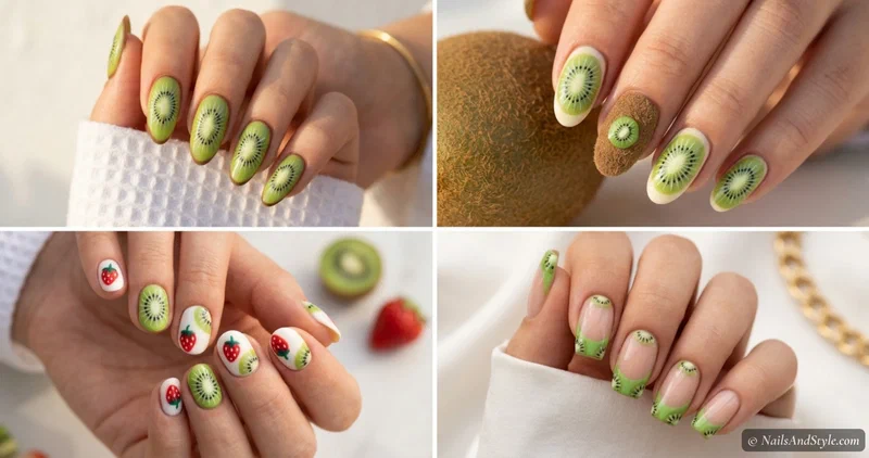 Collage of kiwi nail designs including classic kiwi slices, whole kiwi and slice, kiwi and strawberry, and kiwi French tips