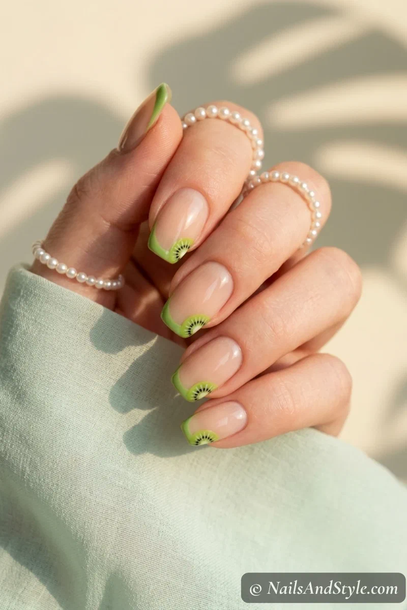 Kiwi French tip nails with green tips and tiny kiwi slice accents on a nude base on medium squoval nails