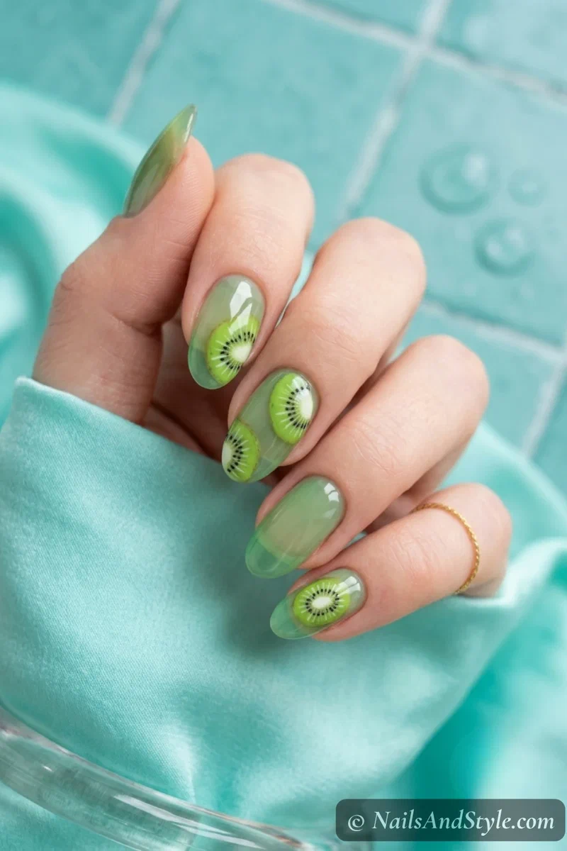 Kiwi jelly nails with a translucent sheer green base and one opaque kiwi slice accent on medium almond nails