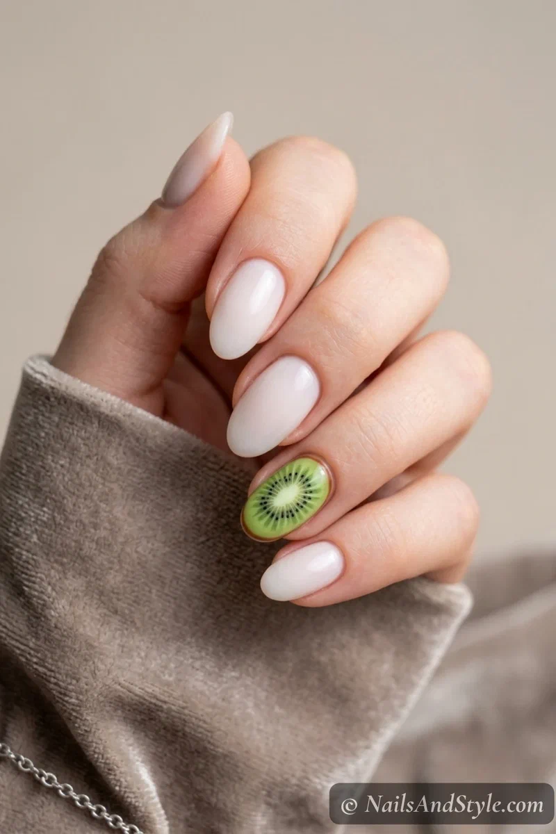 Milky white nails with one detailed kiwi slice accent nail on medium almond nails