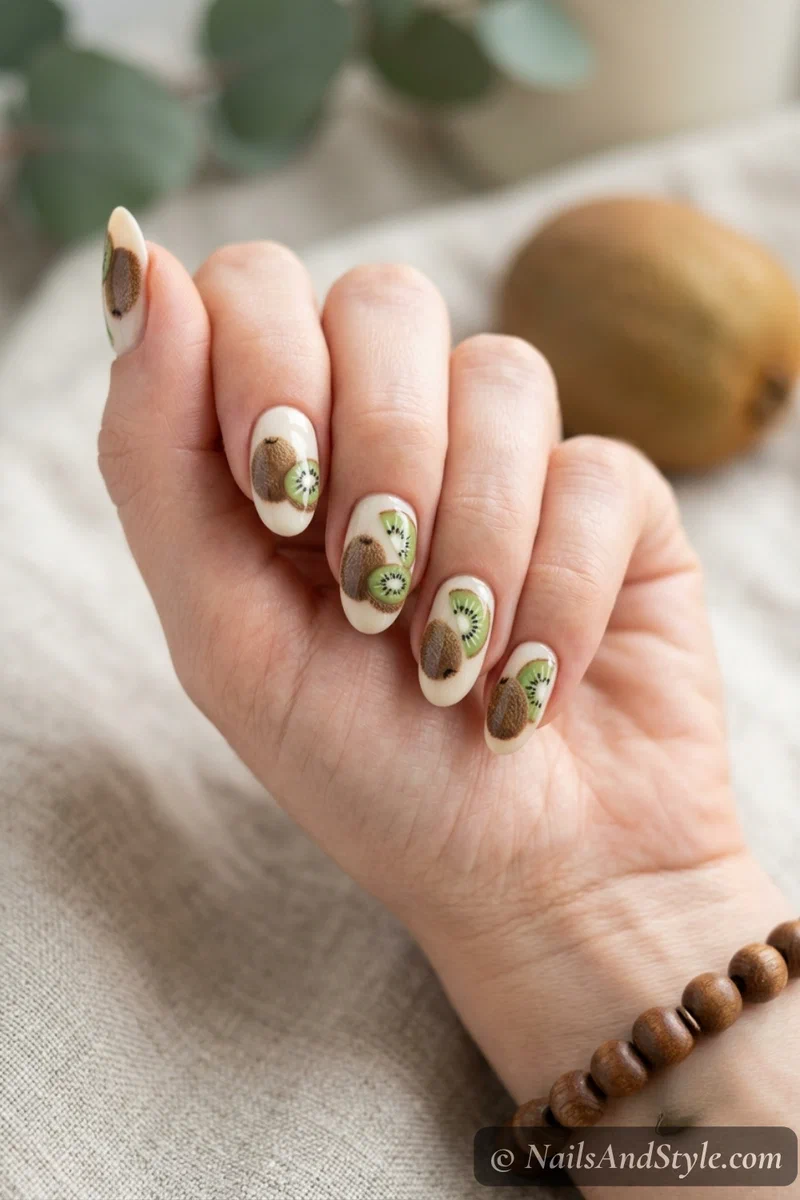 Whole kiwi and slice nails with a fuzzy brown whole kiwi beside a green kiwi slice on a cream base on medium oval nails