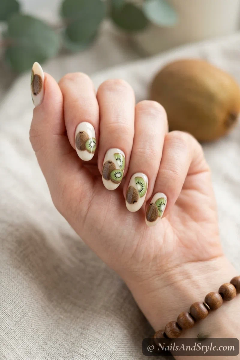 Whole kiwi and slice nails with a fuzzy brown whole kiwi beside a green kiwi slice on a cream base on medium oval nails