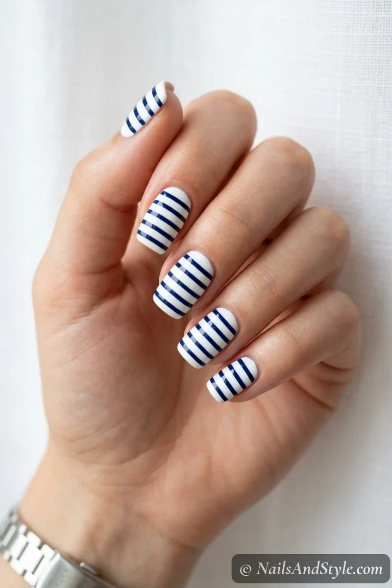 Breton stripe nails with crisp navy stripes over a white base on medium squoval nails