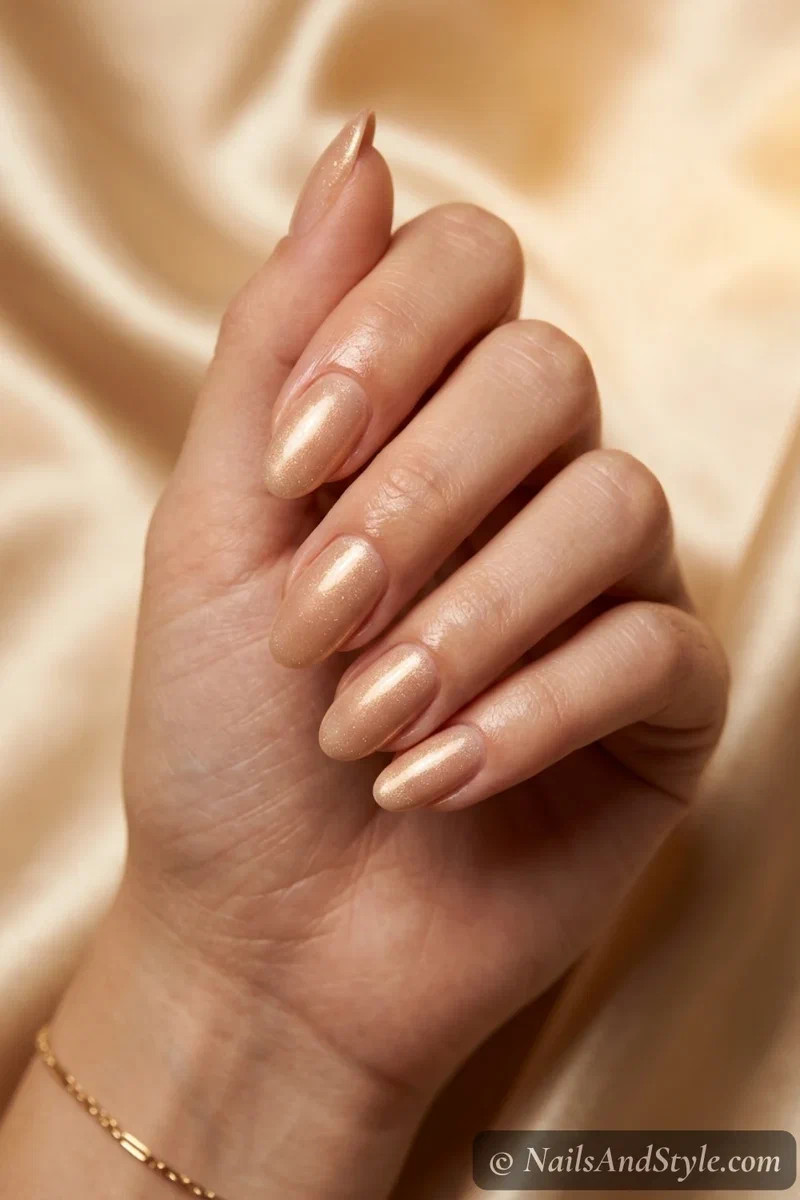 Champagne shimmer nude nails with a warm nude base and fine gold shimmer on medium oval nails