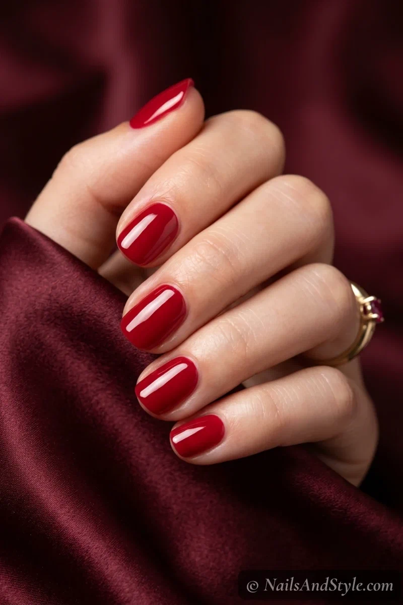 Cherry red gloss nails with a rich true red and glassy finish on short round nails