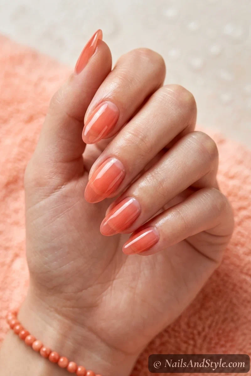 Coral jelly nails with a sheer translucent juicy coral finish on medium almond nails