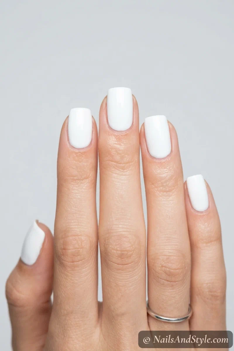 Crisp white nails with a clean bright opaque white and glossy finish on short square nails