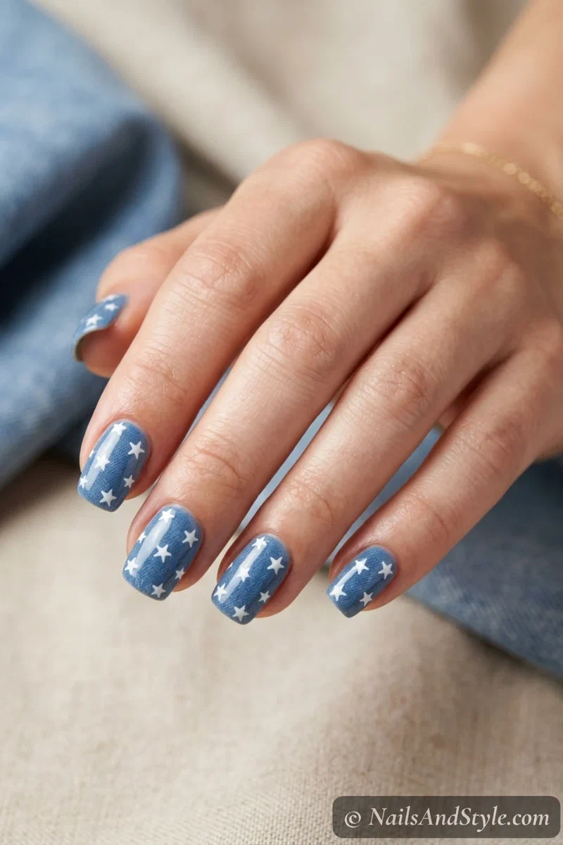 Denim and stars nails with a washed chambray blue base and small white stars on medium squoval nails
