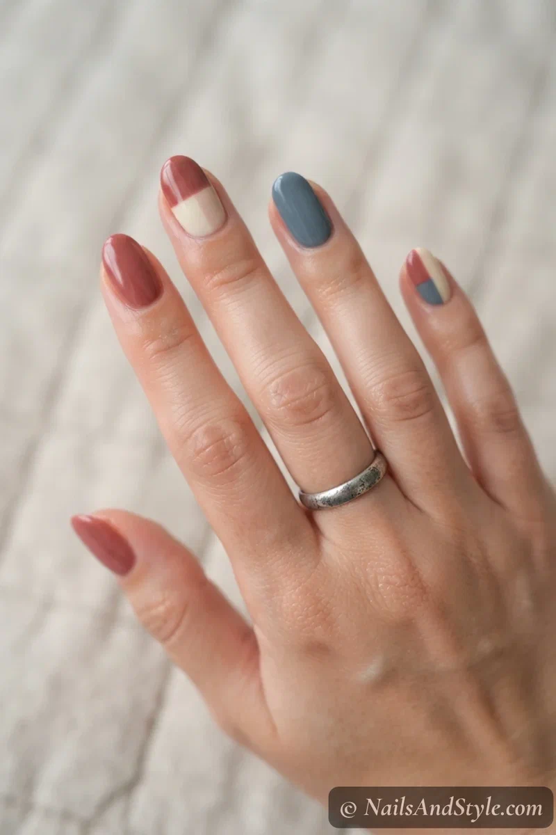 Faded vintage americana nails color blocked in dusty red, cream, and slate blue on medium oval nails