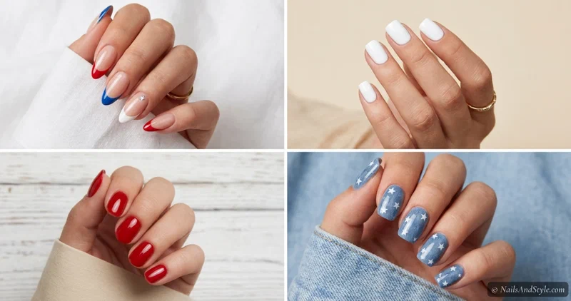 Collage of four Labor Day nail looks — red white and blue French tips, crisp white nails, cherry red gloss, and denim blue nails with white stars