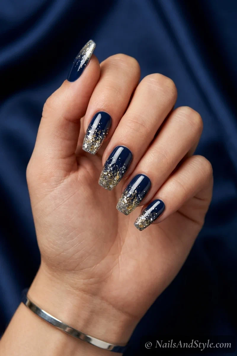 Firework sparkle nails with silver and gold glitter scattered from navy tips on medium coffin nails