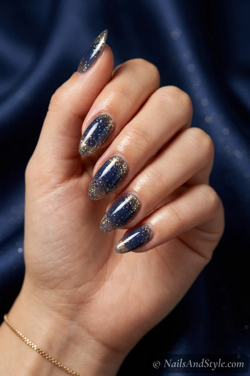 Gold glitter fade nails with fine gold glitter densest at the cuticle over a navy base on medium almond nails