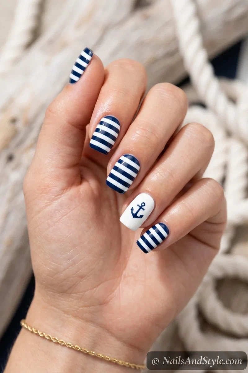 Nautical anchor nails with navy and white stripes and a small navy anchor on a white accent nail, medium squoval nails