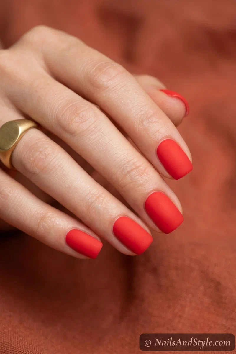 Poppy red matte nails with a vivid red and flat matte finish on short square nails