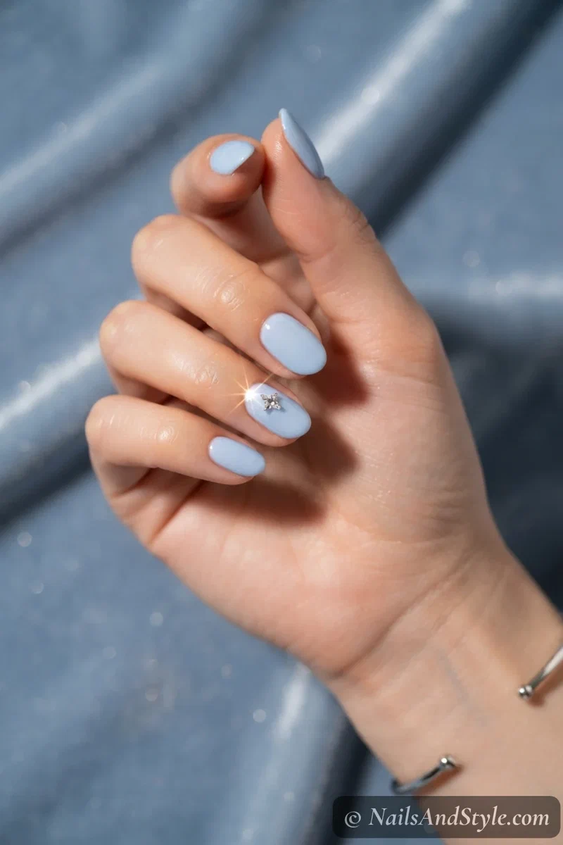 Rhinestone star accent nails with a small star rhinestone near the cuticle of one nail over a soft blue base, short almond nails