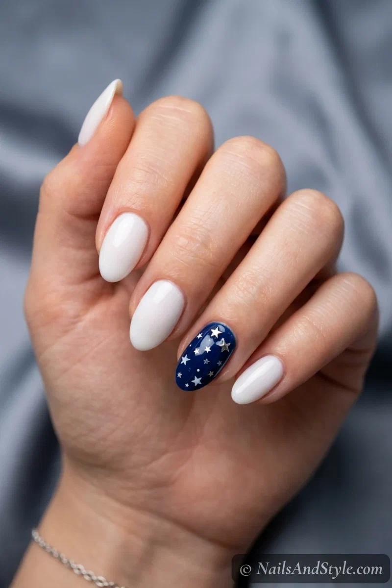 Star spangled accent nails with white and silver stars on a navy accent nail and soft white on the rest, short almond nails