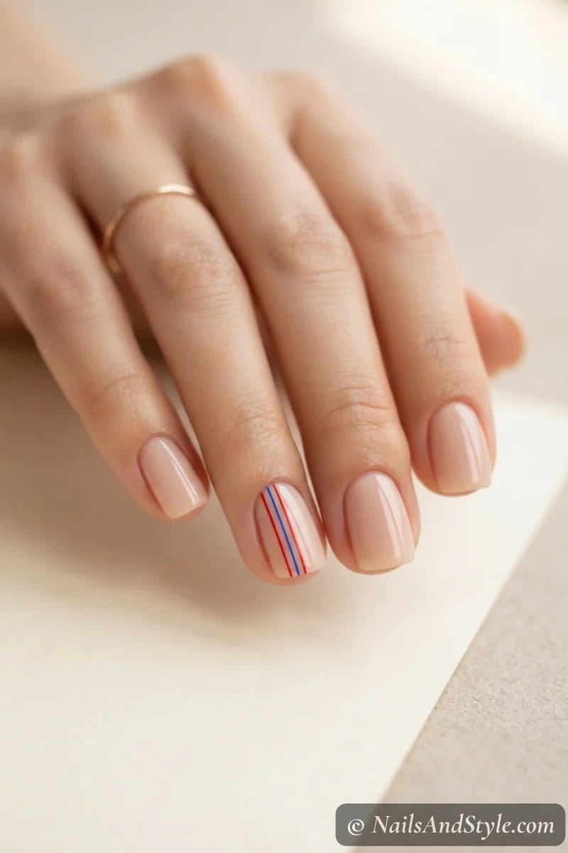 Subtle stripe accent nails with thin red and blue stripes on one nude accent nail, short squoval nails