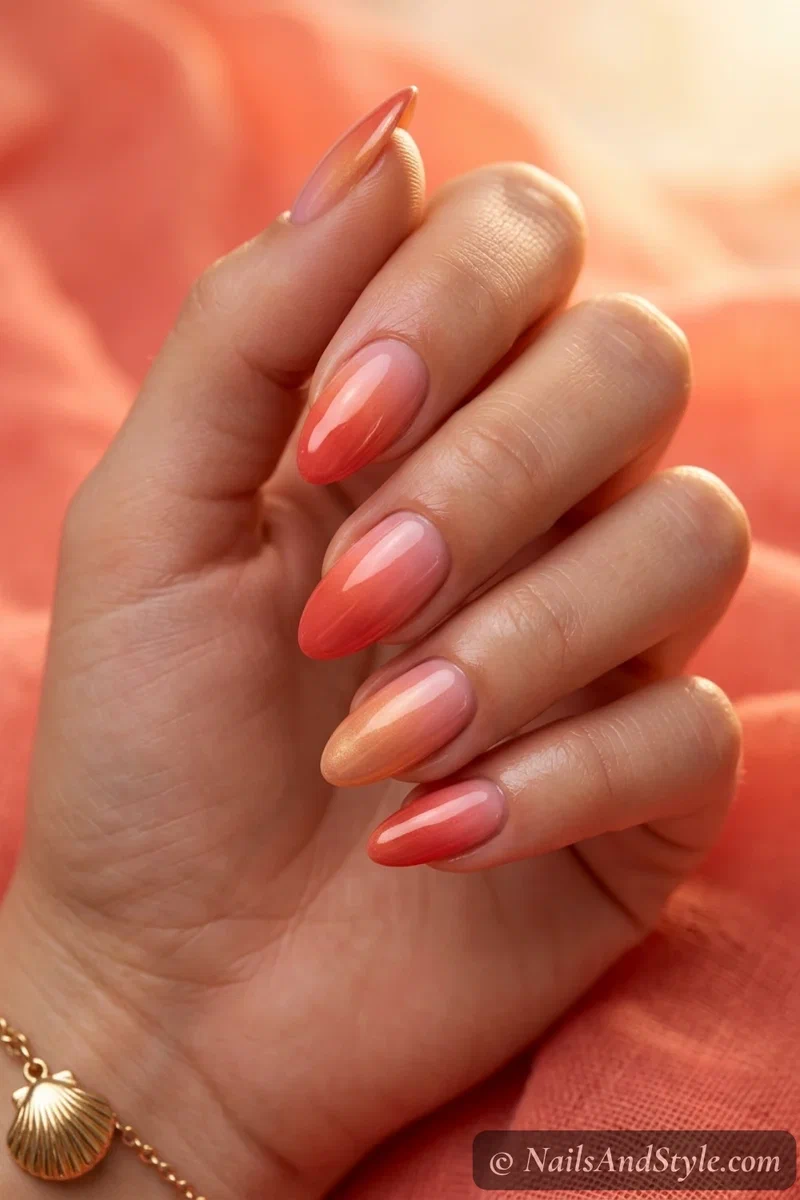 Sunset ombre nails blending coral into pink and gold on medium almond nails