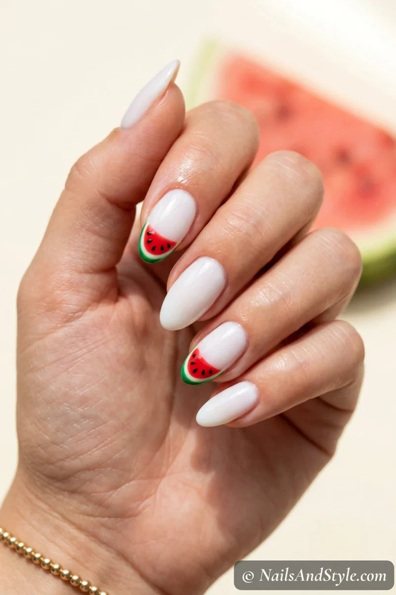Watermelon tip nails with red, white, and green watermelon slice tips and tiny seeds on medium almond nails